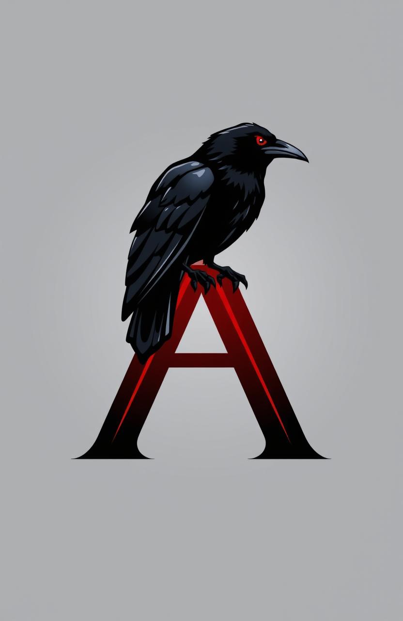 A striking logo design featuring a black raven with vivid red eyes, perched elegantly on the letter 'A'