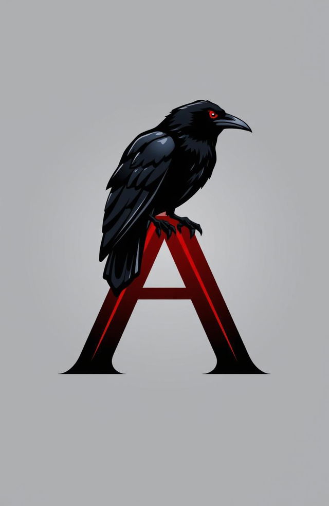 A striking logo design featuring a black raven with vivid red eyes, perched elegantly on the letter 'A'