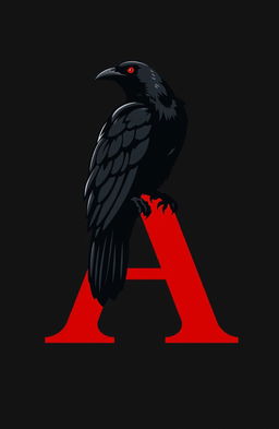 A striking logo design featuring a black raven with vivid red eyes, perched elegantly on the letter 'A'