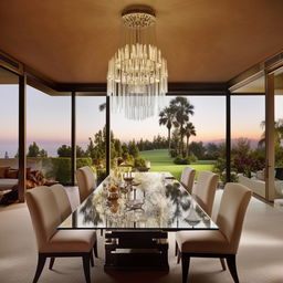 An extravagant bungalow-style dining room belonging to a billionaire, adorned with a grand glass-top dining table, high-end fabric-upholstered chairs, a sleek crystal chandelier, eye-catching modern art, and a panoramic window showcasing captivating views.