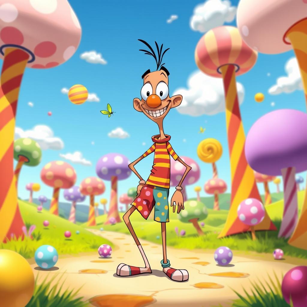 A whimsical cartoon character named Bisco Manco, depicted as a tall, slender figure with one leg significantly shorter than the other, creating a charmingly quirky silhouette