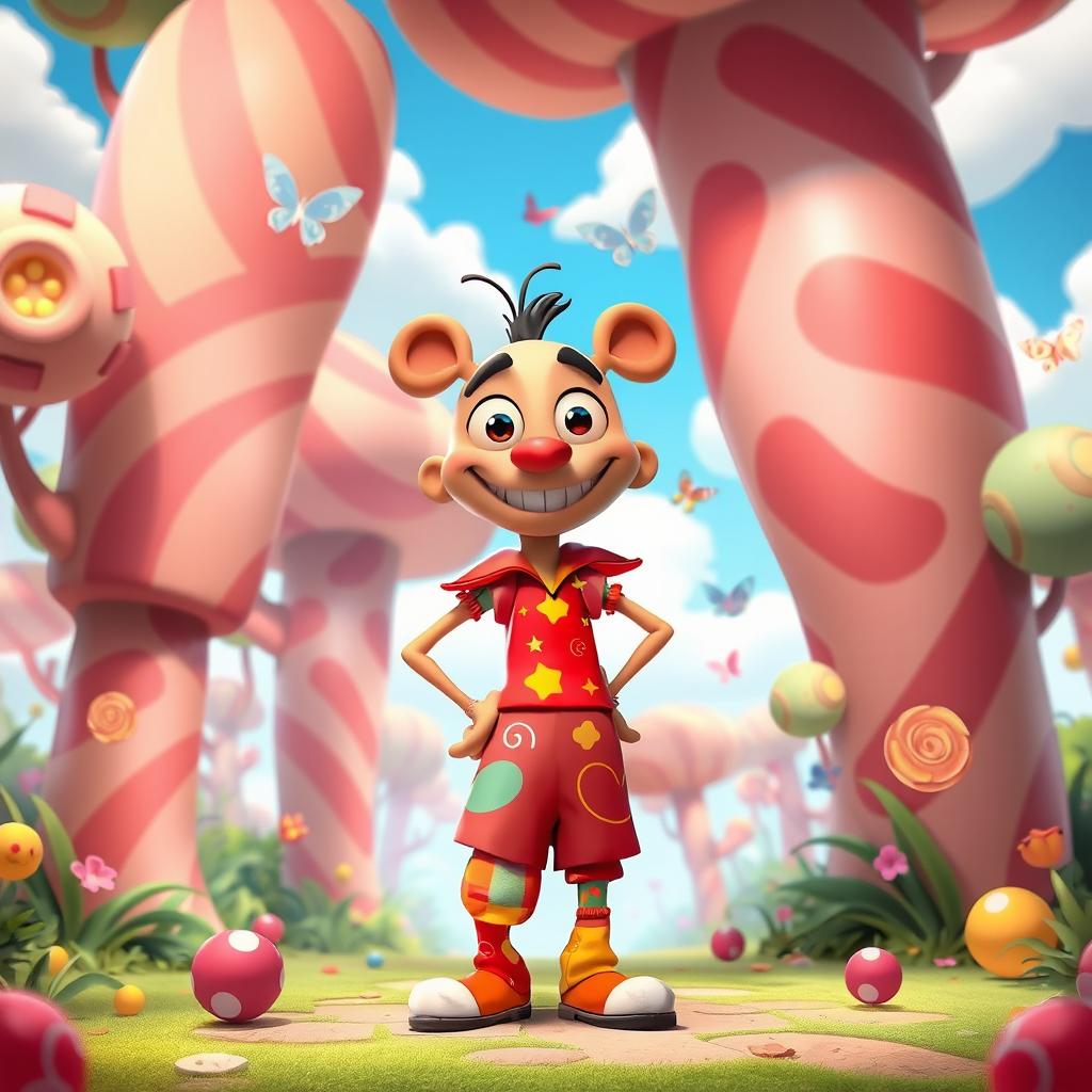 A whimsical cartoon character known as Bisco Manco, characterized by a tall and slender frame with one leg noticeably shorter than the other, creating a humorous and charming appearance