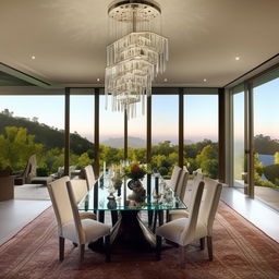 An extravagant bungalow-style dining room belonging to a billionaire, adorned with a grand glass-top dining table, high-end fabric-upholstered chairs, a sleek crystal chandelier, eye-catching modern art, and a panoramic window showcasing captivating views.