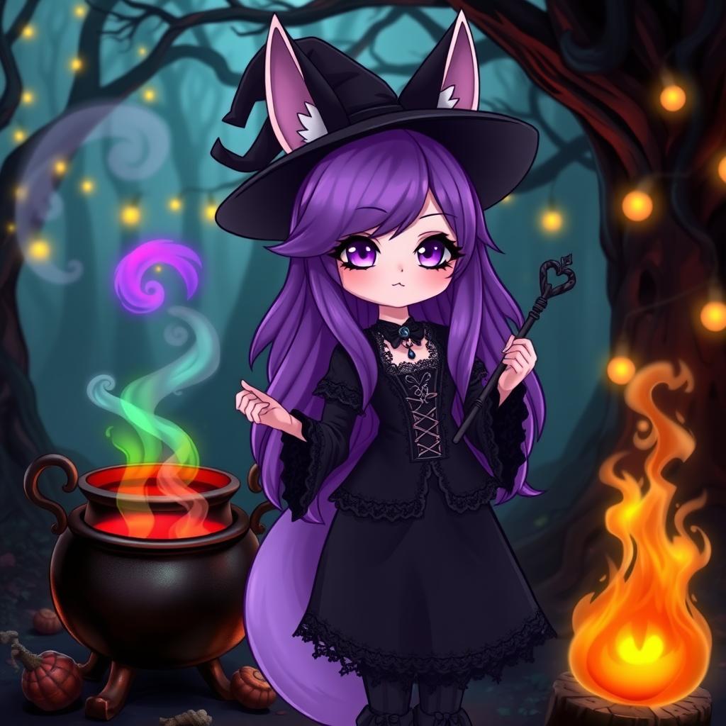 A cute goth Kitsune witch with long purple hair, adorned in a stylish dark outfit with lace and subtle gothic elements, standing confidently in front of a bubbling cauldron