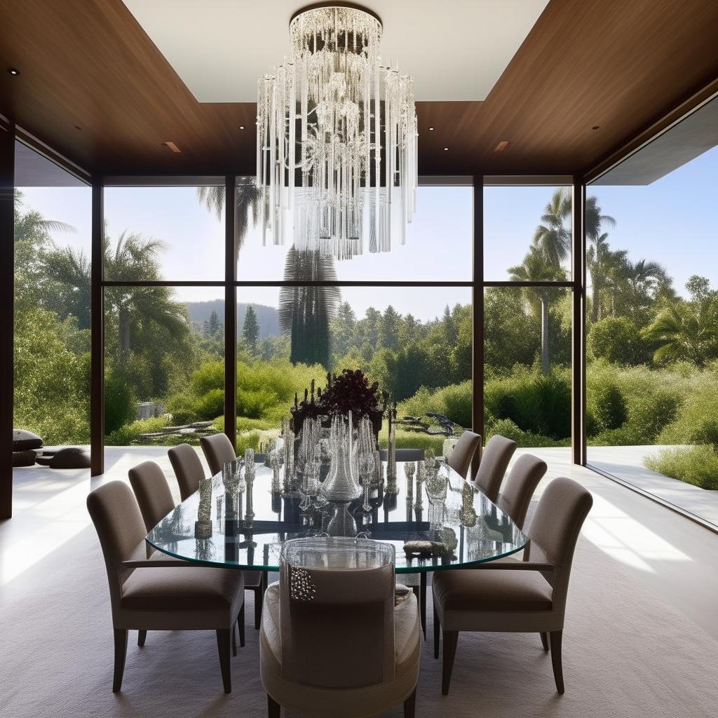 An extravagant bungalow-style dining room belonging to a billionaire, adorned with a grand glass-top dining table, high-end fabric-upholstered chairs, a sleek crystal chandelier, eye-catching modern art, and a panoramic window showcasing captivating views.