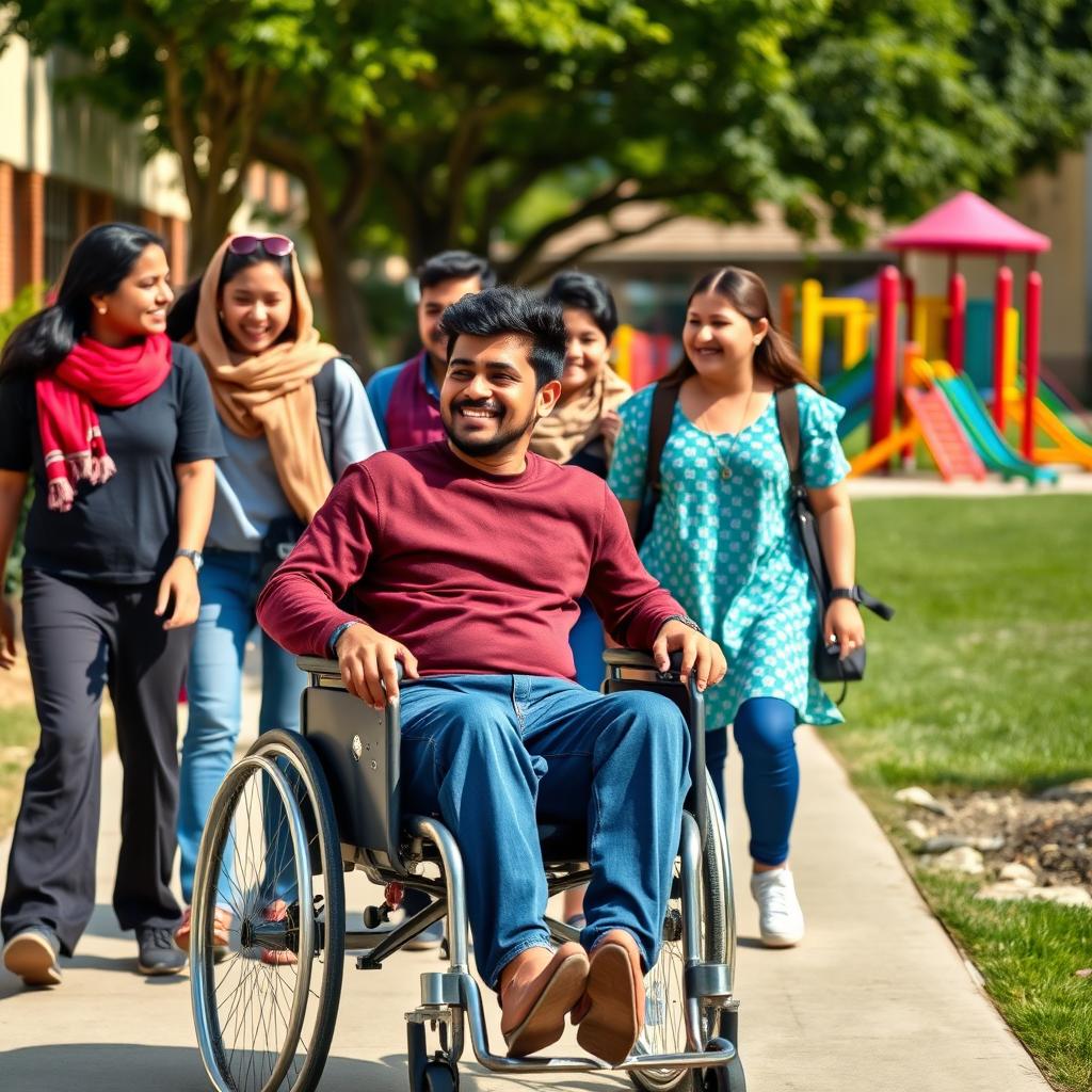 A heartwarming scene of an Indian man with Down syndrome in a wheelchair, smiling and engaging happily with his friends as they walk beside him on a school pathway