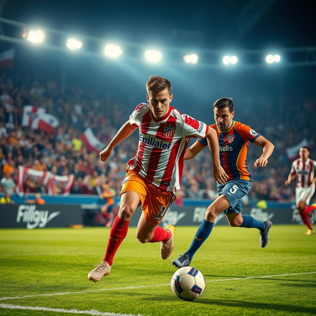 A dynamic and powerful action scene showcasing a football player in the Atlético Madrid sports team