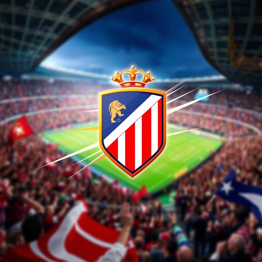 A stunning graphic representation of the Atlético Madrid football club emblem, showcasing the shield with vibrant red and white stripes, the iconic bear and strawberry tree from the Madrid coat of arms, and surrounded by dynamic motion lines suggesting speed and energy