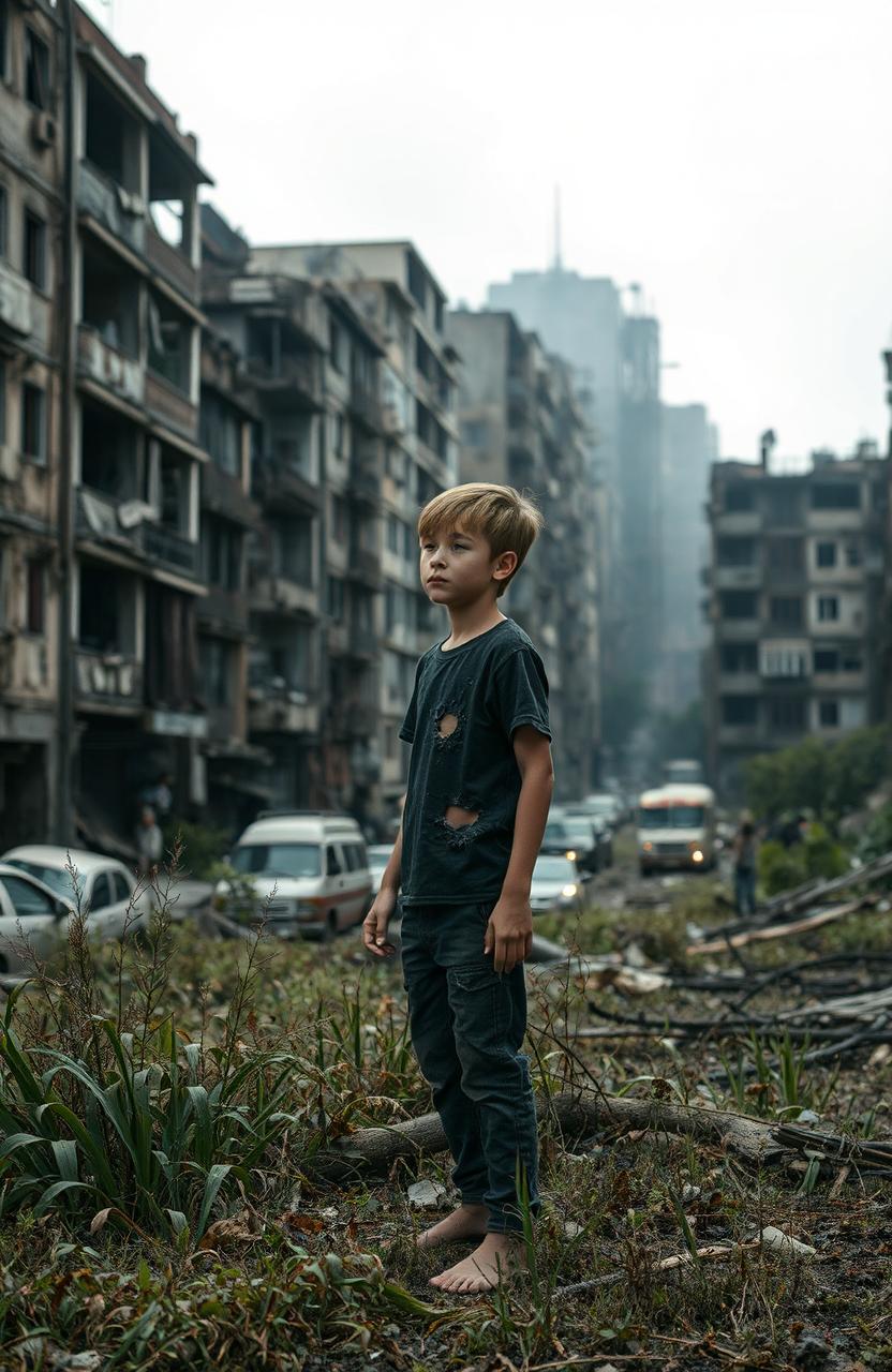 A ruined city with dilapidated buildings and smog-filled air, depicting the decay of the surroundings