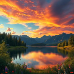 A vibrant and detailed landscape featuring a breathtaking sunset over a tranquil lake