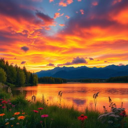 A vibrant and detailed landscape featuring a breathtaking sunset over a tranquil lake