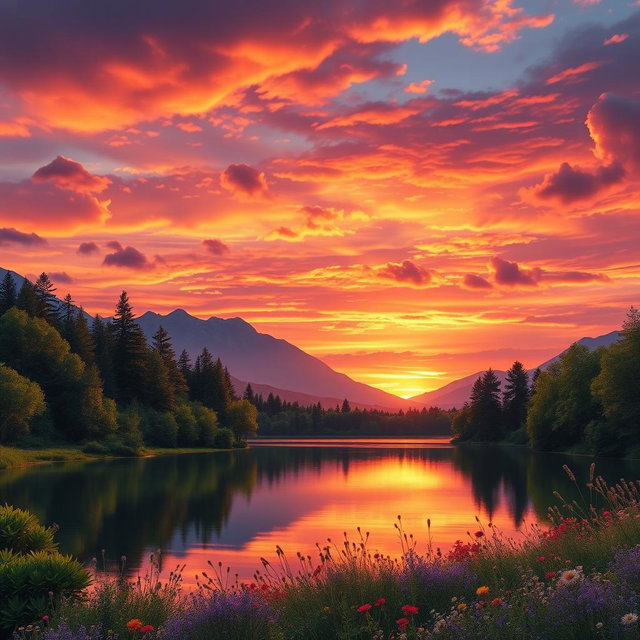 A vibrant and detailed landscape featuring a breathtaking sunset over a tranquil lake