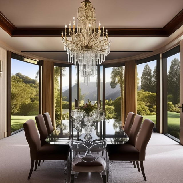 An extravagant bungalow-style dining room belonging to a billionaire, adorned with a grand glass-top dining table, high-end fabric-upholstered chairs, a sleek crystal chandelier, eye-catching modern art, and a panoramic window showcasing captivating views.