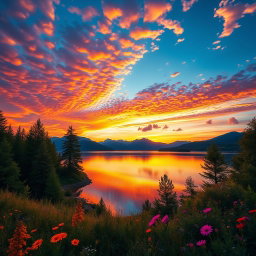 A vibrant and detailed landscape featuring a breathtaking sunset over a tranquil lake