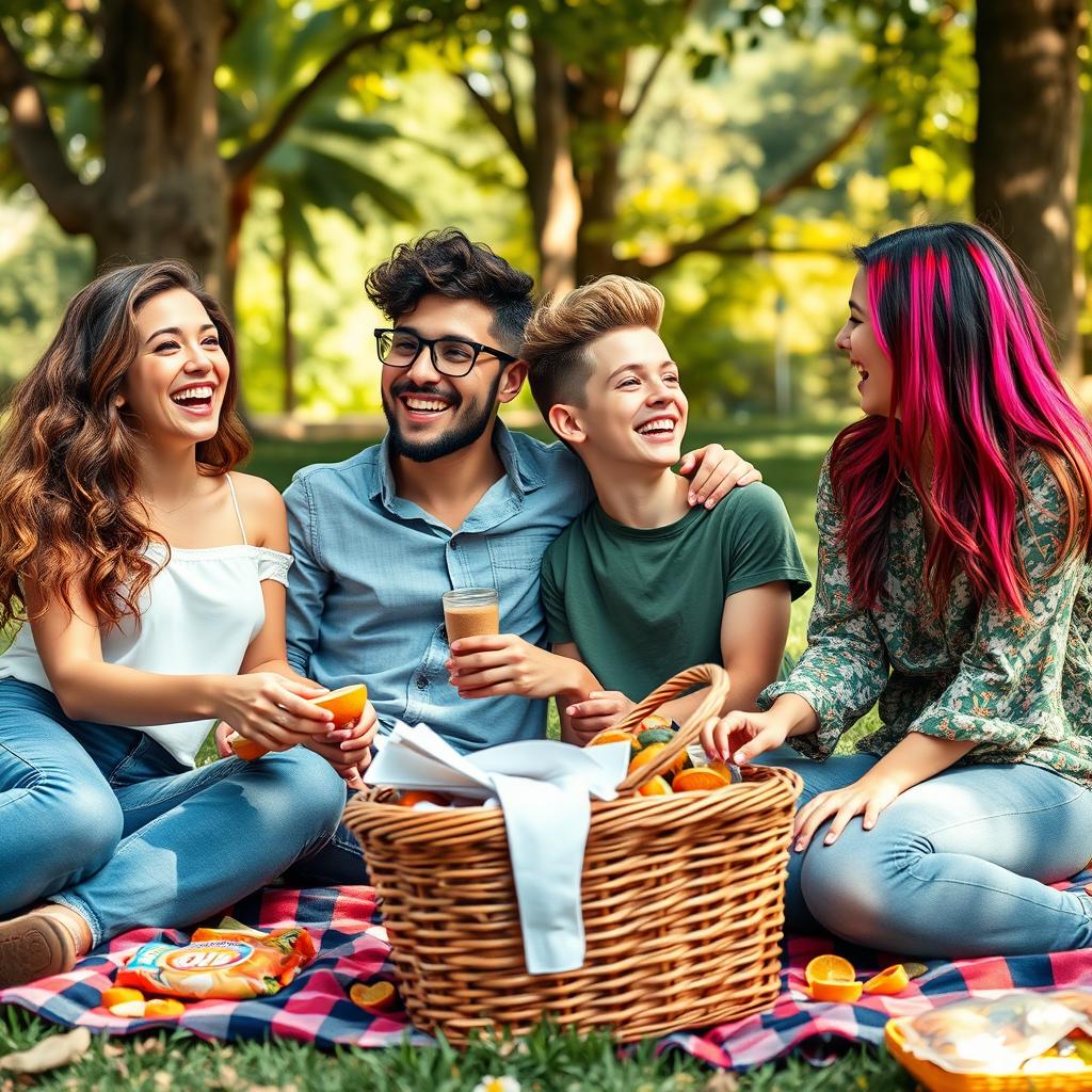 A joyful scene depicting a diverse group of friends bonding together in a lively outdoor setting