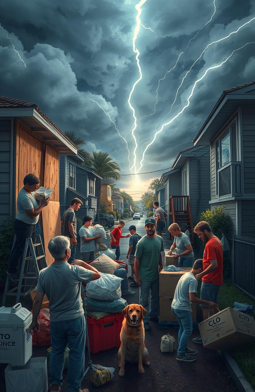 A group of diverse individuals preparing for hurricane survival, showcasing various strategies like boarding up windows, gathering supplies, and creating emergency kits