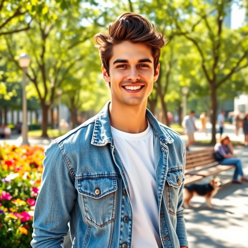 A handsome young man standing confidently in a sunlit urban park, wearing a casual stylish outfit with a denim jacket and white t-shirt