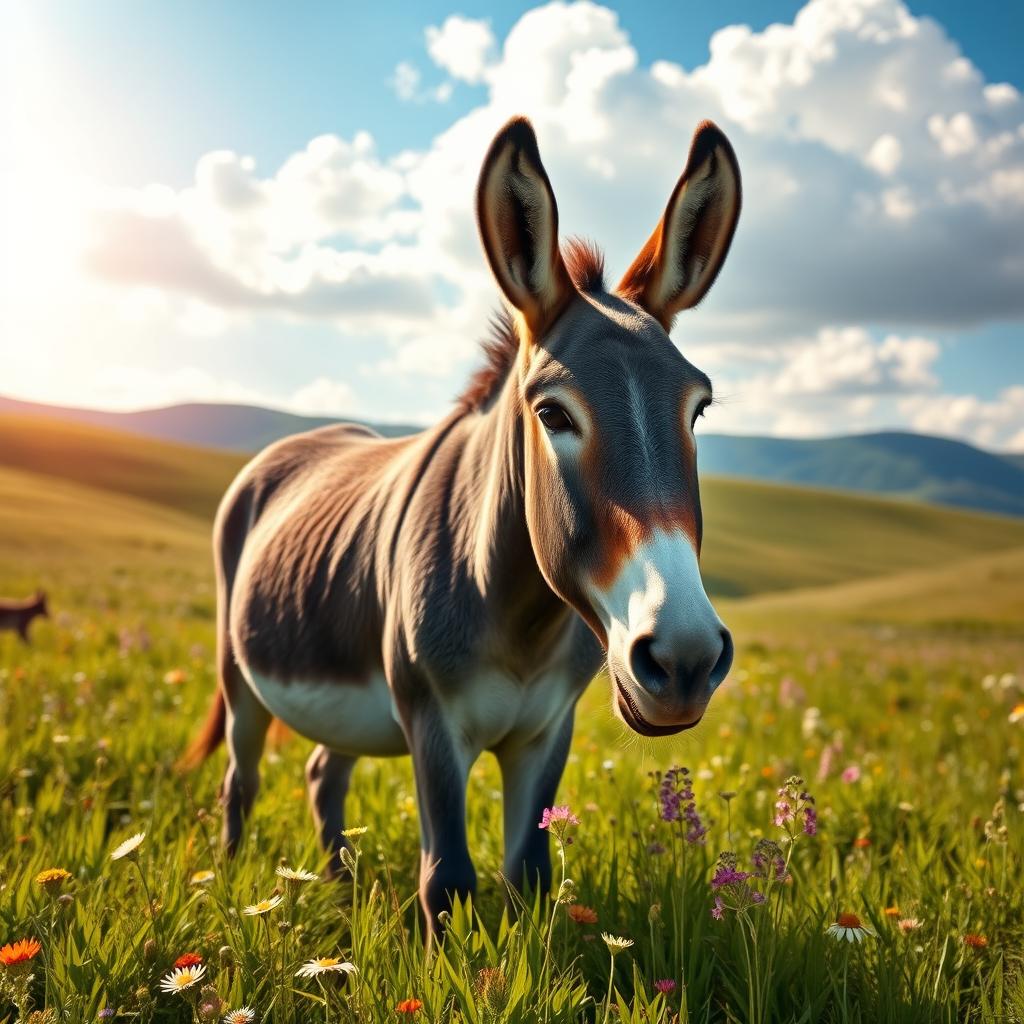 A majestic donkey standing proudly in a vibrant, lush green meadow