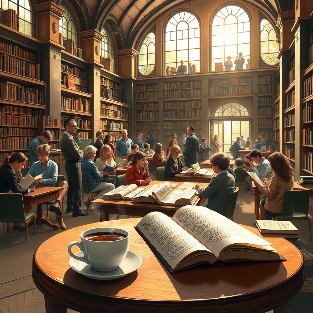 A vivid depiction of a bustling library filled with books, showcasing a diverse group of people engaging with literature