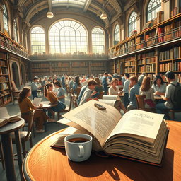 A vivid depiction of a bustling library filled with books, showcasing a diverse group of people engaging with literature