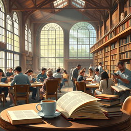 A vivid depiction of a bustling library filled with books, showcasing a diverse group of people engaging with literature