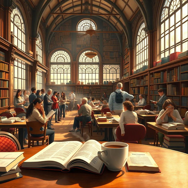 A vivid depiction of a bustling library filled with books, showcasing a diverse group of people engaging with literature
