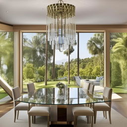 An extravagant bungalow-style dining room belonging to a billionaire, adorned with a grand glass-top dining table, high-end fabric-upholstered chairs, a sleek crystal chandelier, eye-catching modern art, and a panoramic window showcasing captivating views.