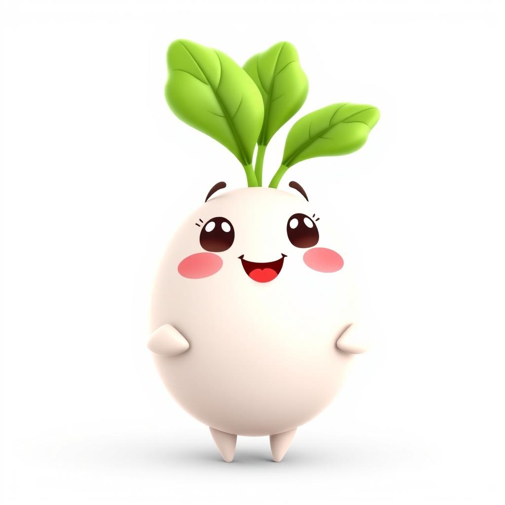A 3D mascot design of a cute, chubby white radish character featuring two leaves on top