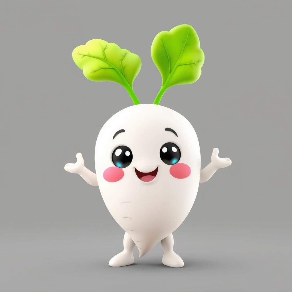 A cute and adorable 3D mascot design featuring a white radish shape with a plump, chubby body