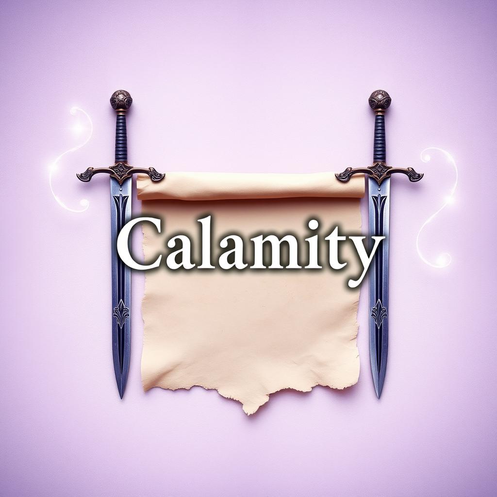 A fantasy book cover titled "Calamity", featuring a light pastel purple color palette