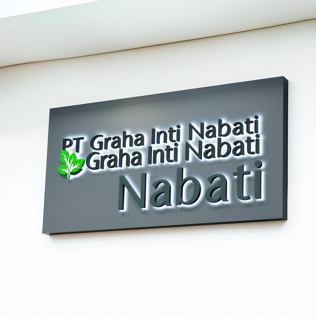A modern and stylish company sign for 'PT Graha Inti Nabati', featuring a professionally designed logo that incorporates elements of nature and sustainability to reflect the company's focus