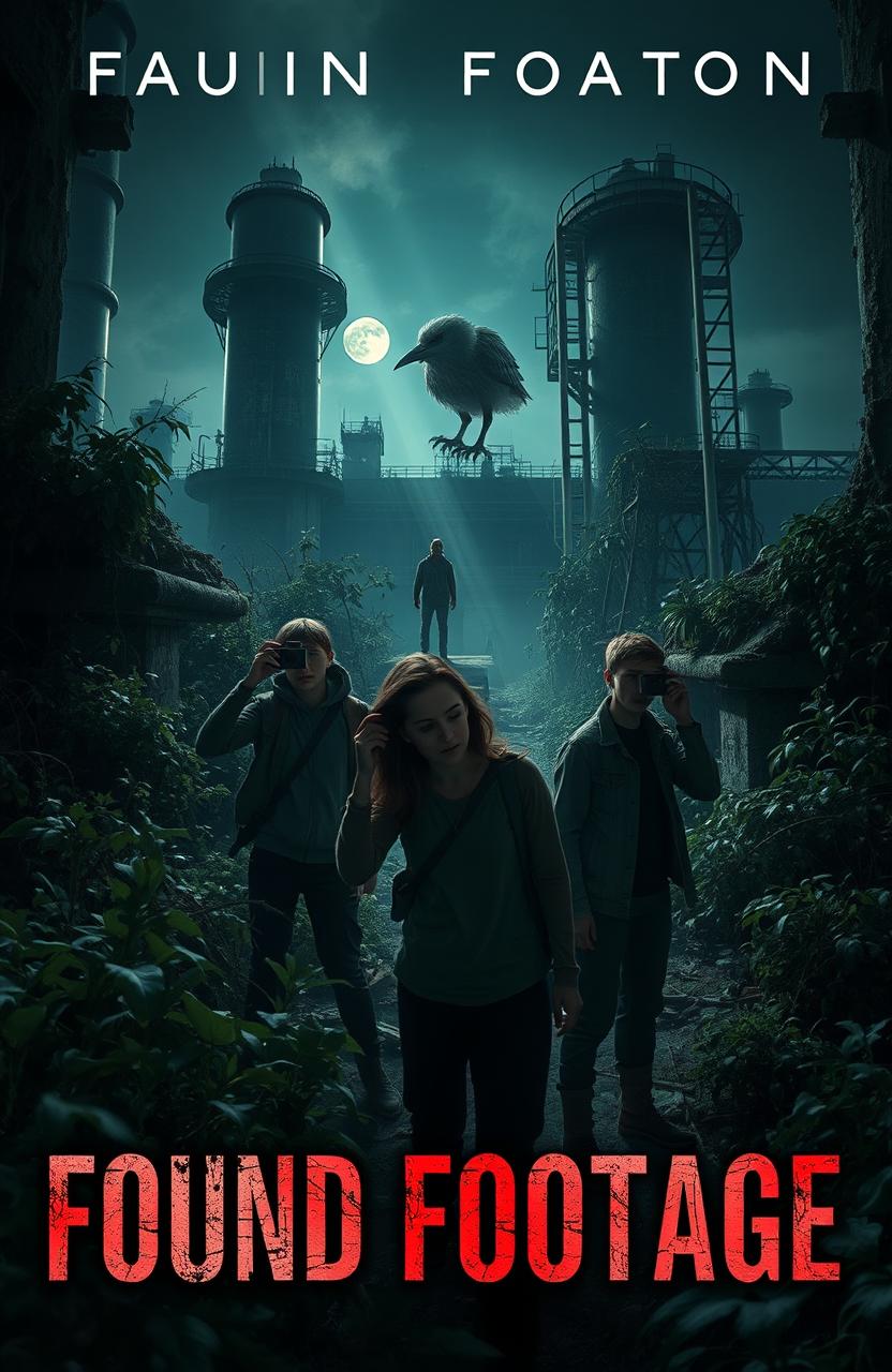 A suspenseful scene depicting young adults exploring an eerie, abandoned nuclear power plant, filled with overgrown vegetation and deteriorating structures