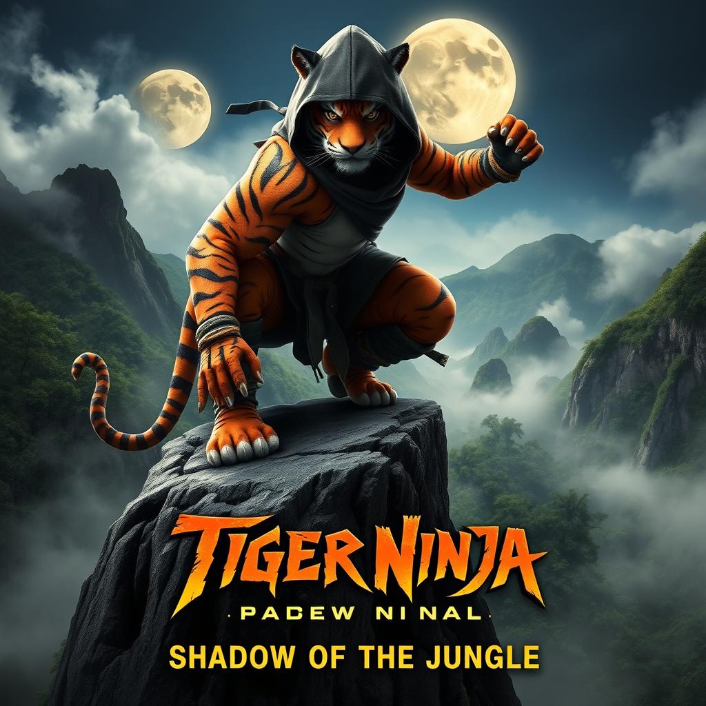 A captivating movie poster showcasing a Tiger Ninja, a fierce and agile warrior with the body of a powerful tiger and the stealthy attire of a ninja