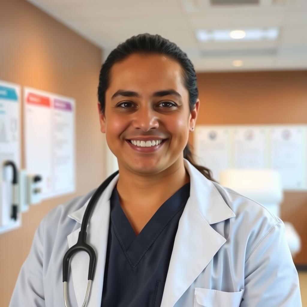 A professional portrait of a person, who is a doctor, wearing medical attire