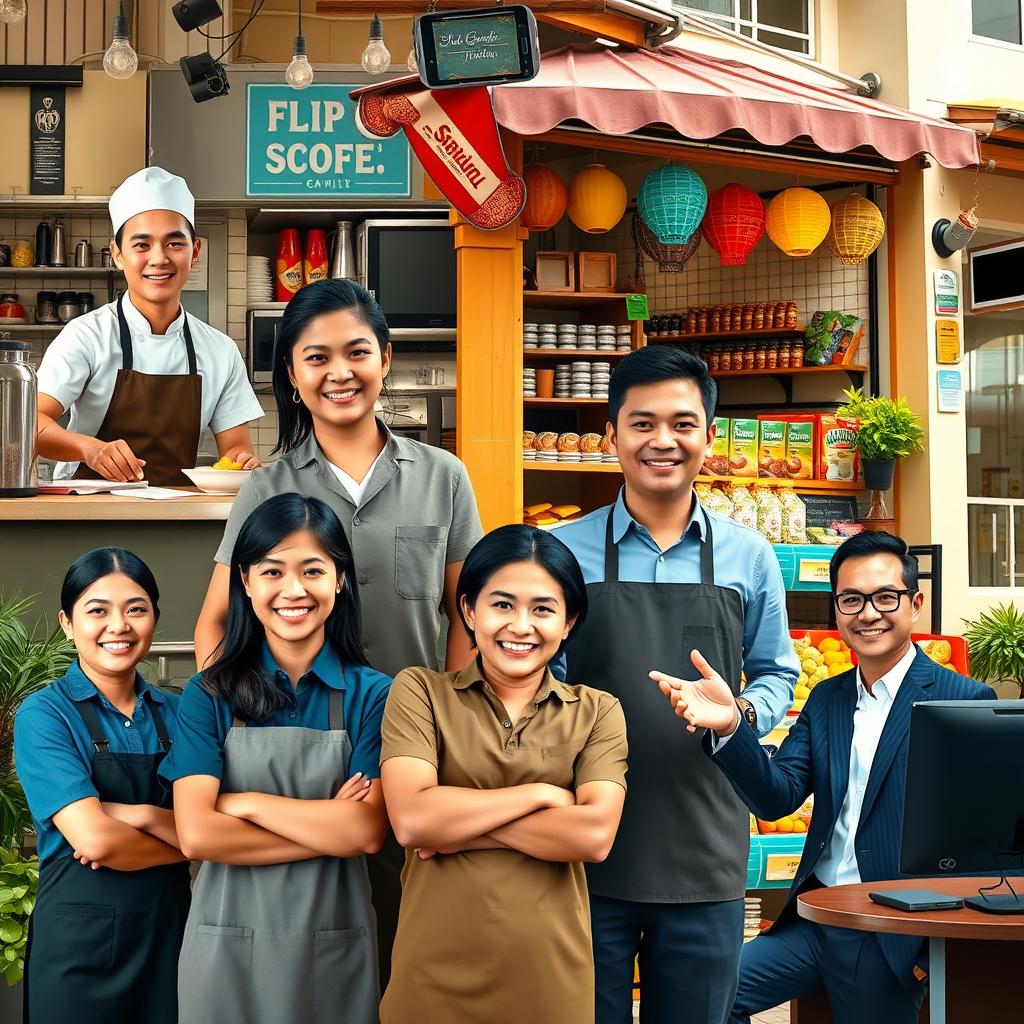 A vibrant vertical photo showcasing a group of Filipino individuals from various businesses