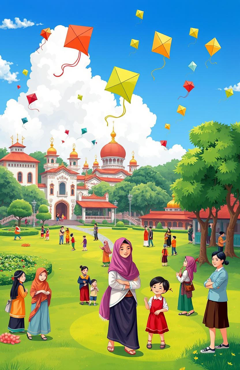 A vibrant and inviting cover illustration for a profile book about a data house, featuring a serene area known for its gantangan (a traditional kite flying event)