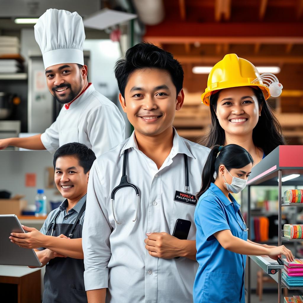 A vertical photograph showcasing Filipino workers across various businesses