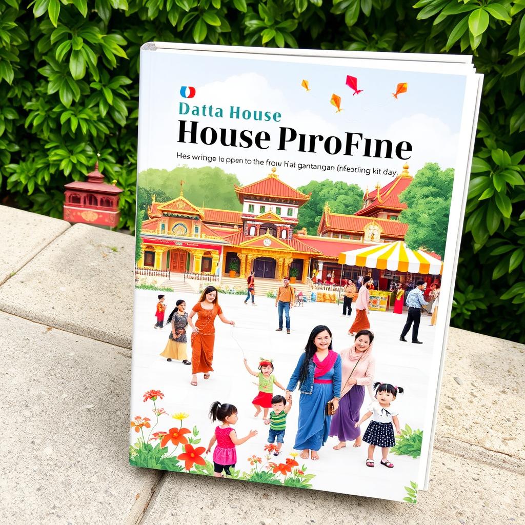 A beautifully designed cover for a data house profile book showcasing a vibrant area known for its gantangan (traditional kite flying)