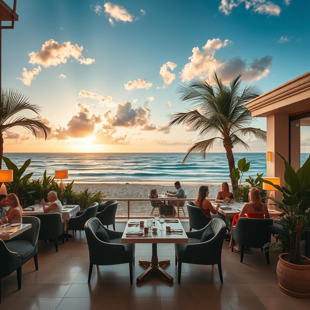 A luxurious hotel restaurant with elegant indoor and outdoor dining areas, situated right in front of a beautiful sandy beach