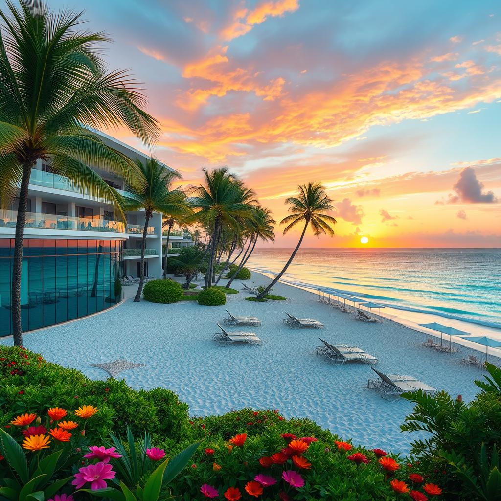 A luxury hotel resort located in front of a stunning beach