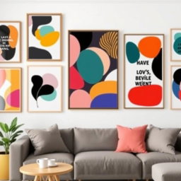 A collection of vibrant and abstract wall art posters, featuring a mix of geometric patterns, organic shapes, and bold colors