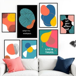 A collection of vibrant and abstract wall art posters, featuring a mix of geometric patterns, organic shapes, and bold colors
