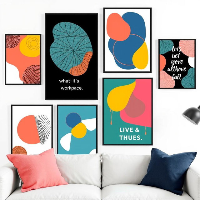 A collection of vibrant and abstract wall art posters, featuring a mix of geometric patterns, organic shapes, and bold colors