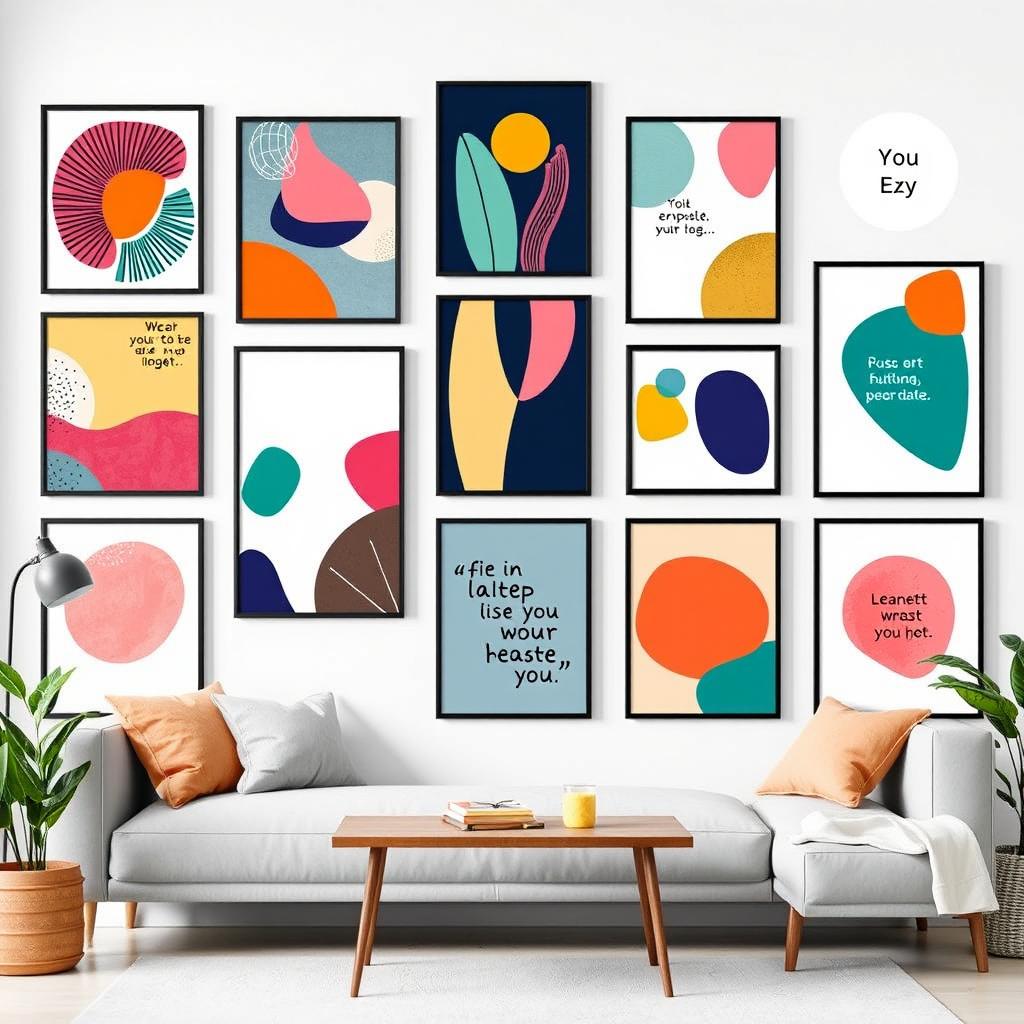 A collection of vibrant and abstract wall art posters, featuring a mix of geometric patterns, organic shapes, and bold colors
