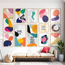 A collection of vibrant and abstract wall art posters, featuring a mix of geometric patterns, organic shapes, and bold colors
