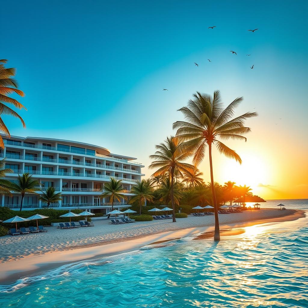 A luxurious hotel resort situated directly in front of a stunning beach with crystal clear turquoise waters