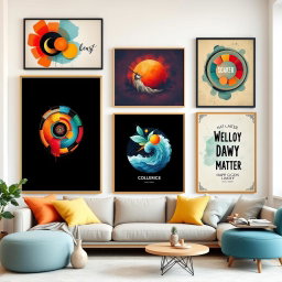 An assortment of stunning wall art posters, featuring an eclectic mix of styles such as abstract art, vintage illustrations, and contemporary photography