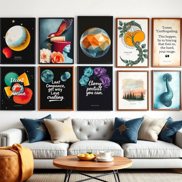 An assortment of stunning wall art posters, featuring an eclectic mix of styles such as abstract art, vintage illustrations, and contemporary photography