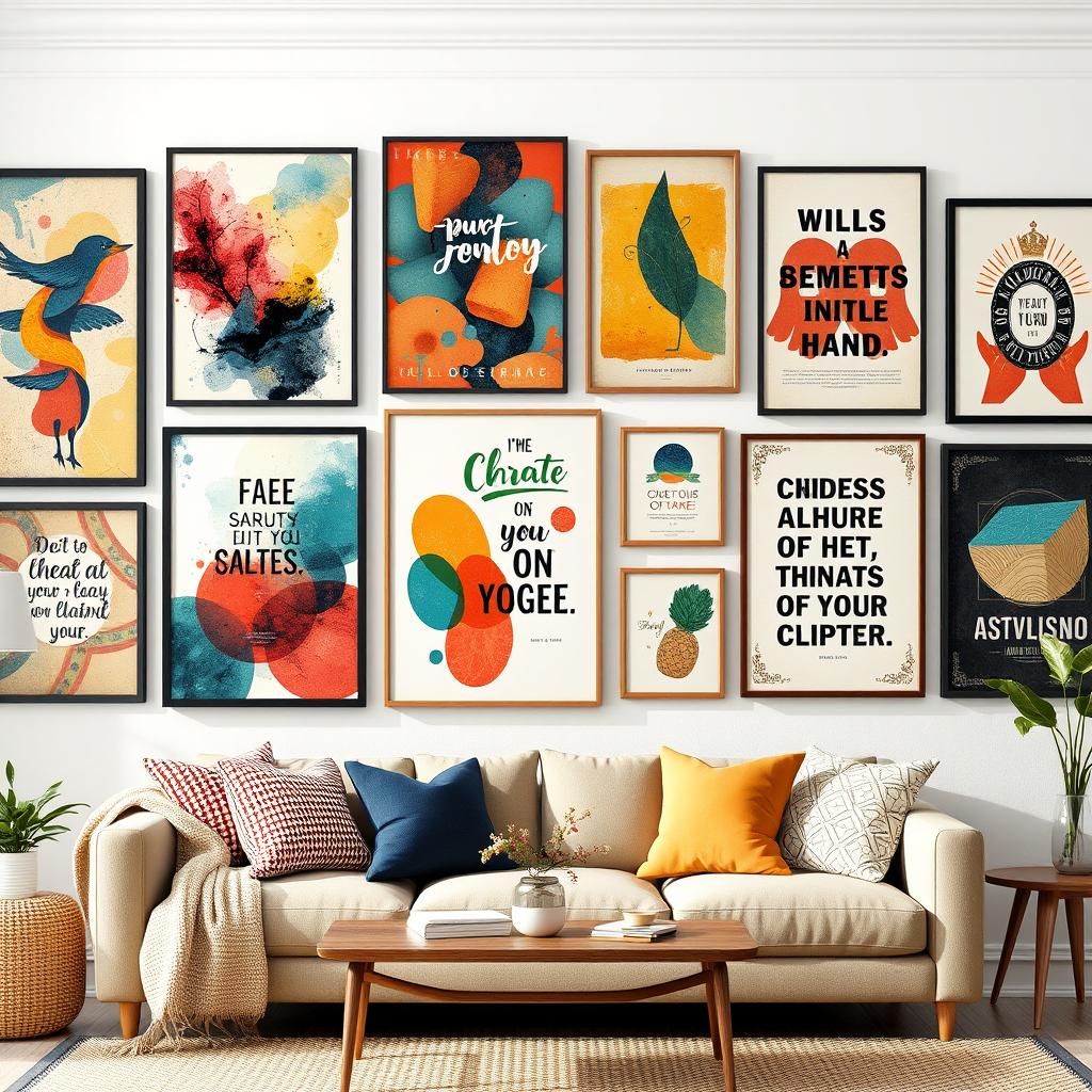 An assortment of stunning wall art posters, featuring an eclectic mix of styles such as abstract art, vintage illustrations, and contemporary photography
