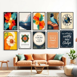 An assortment of stunning wall art posters, featuring an eclectic mix of styles such as abstract art, vintage illustrations, and contemporary photography